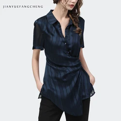 Women Short Sleeve Blue Striped Shirt Lightweight Chiffon Top Fashion Asymmetrical Button-down Casual Office Blouses