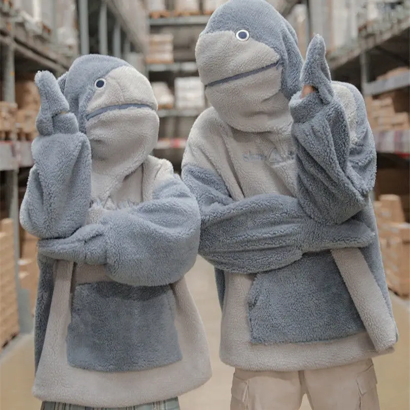 

Casual Cartoon Couple Shark Hooded Sweatshirt Streetwear Autumn Hoody High Street Japan Harajuku Amine Hoodie Male Funny Tops