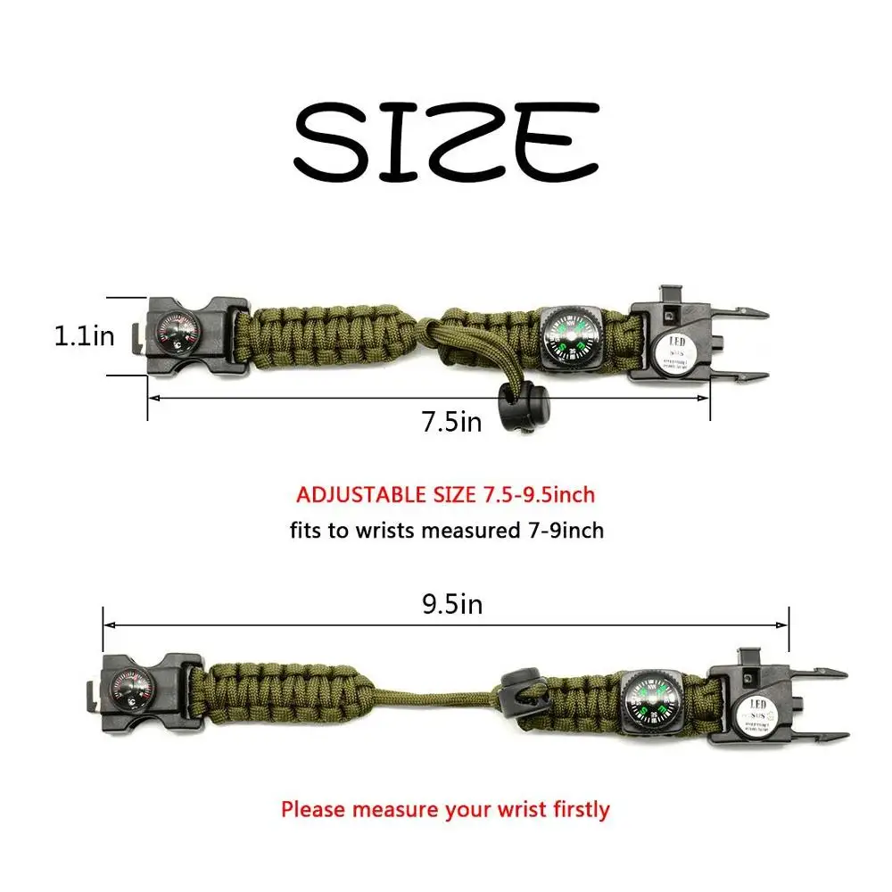 Paracord de supervivencia al aire libre, luz LED SOS, cuchillo de emergencia, silbato, brújula, herramientas multifuncionales para exteriores,