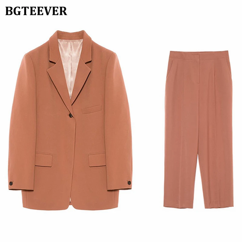 BGTEEVER Elegant 2 Pieces Set Women Pant Suits Single Button Jacket & High Waist Loose Pants 2020 Autumn Stylish Blazer Suit