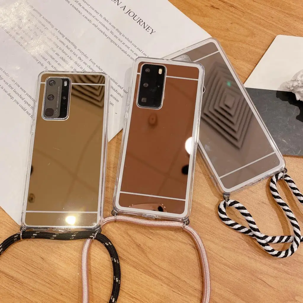 Makeup Mirror Phone Case for Samsung S24 S23 S22 S21 S20 FE S10 S9 Note 20 9 10 Ultra Crossbody Necklace Cord Chain Rope Cover