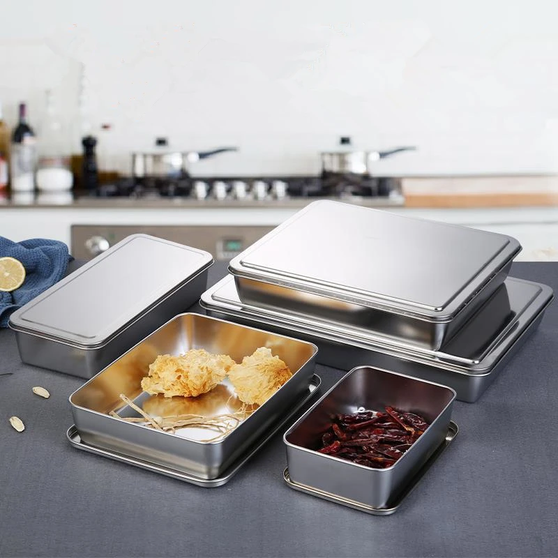 Thick Stainless Steel Food Storage Tray with Lid Rectangular Baking Pan Restaurant Vegetable Fruit Plates Kitchen Organizer