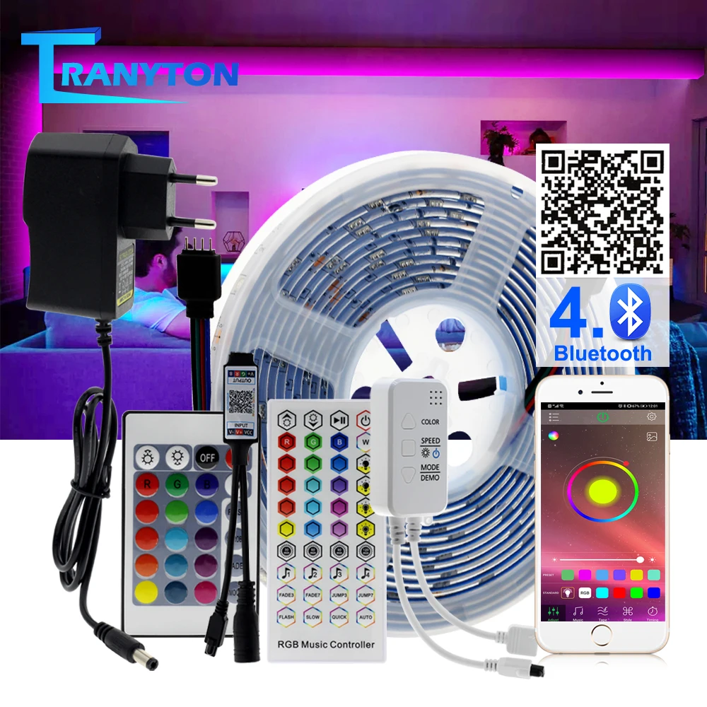 

RGB LED Strip DC12V 5M 10M 20M Flexible Led Light SMD2835 5050 24Keyt/40Key Music Blutooth Control Lamp 30LEDs/m With Adapter