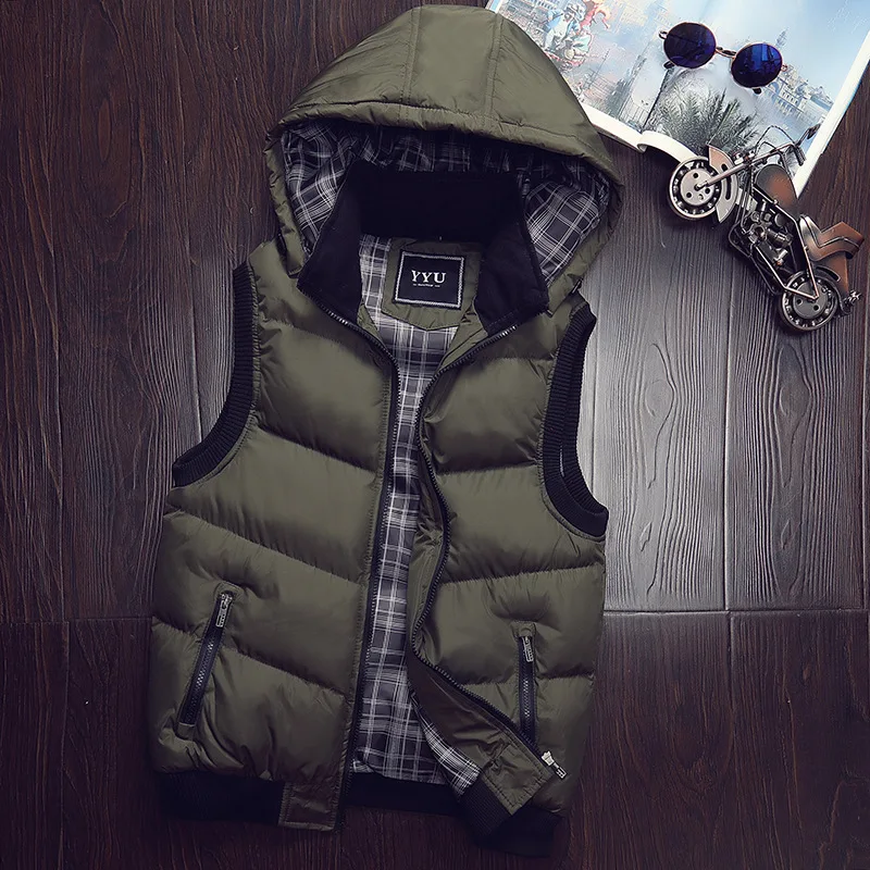 Brand Fashion Men Autumn Winter Vest Hat Detachable Design Male Casual Hooded Waistcoat Sleeveless Jacket 5 Colors Size M-5XL