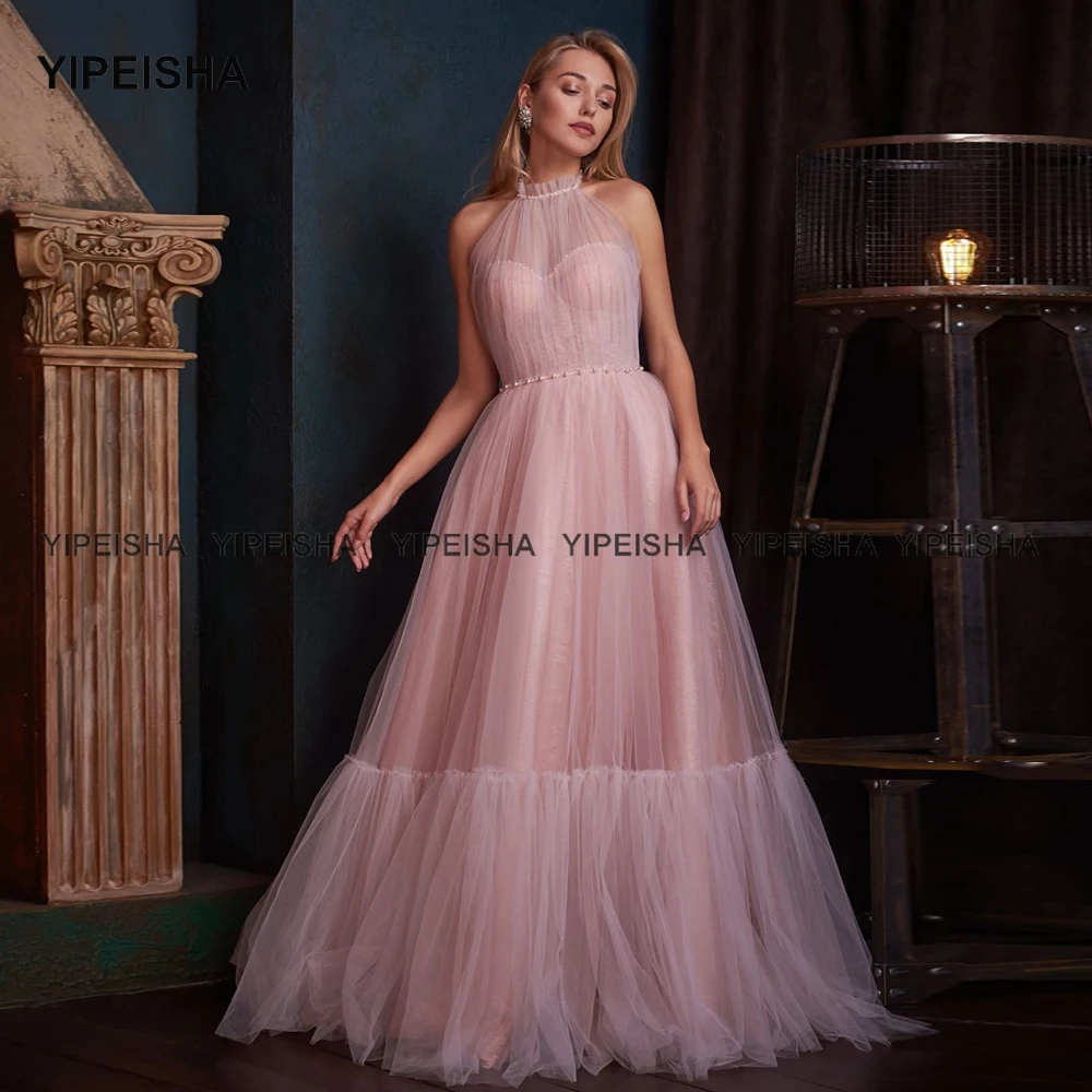 Yipeisha Halter abiti da ballo rosa con perle abito da sera lungo A-line su misura abito da cerimonia formale Robe de Soiree 2021