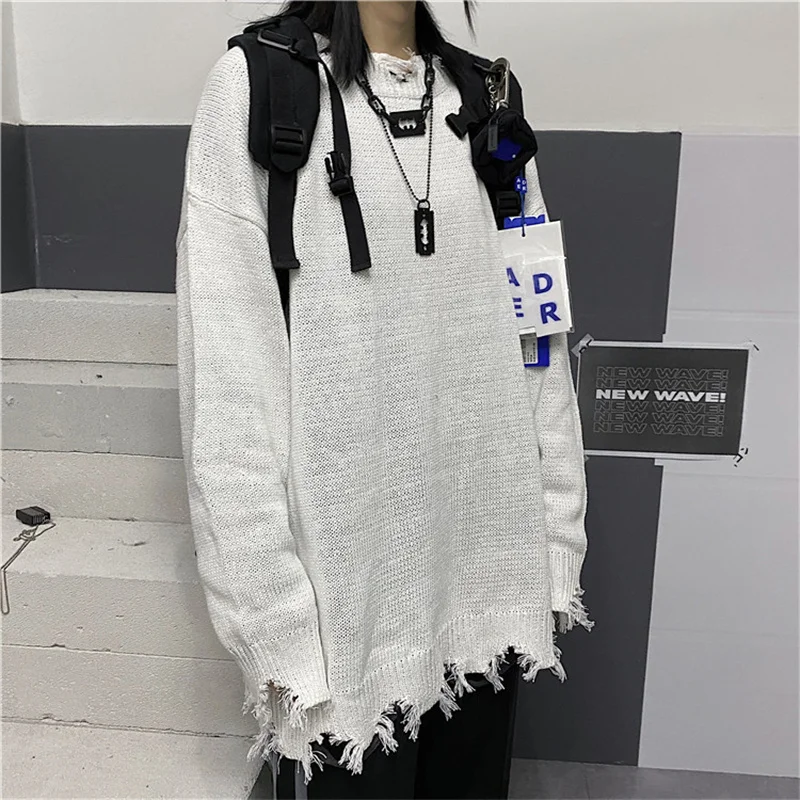 Hip Hop Sweater Couple Fashion Streetwear Vintage Hole Long Sleeve Solid Korean Jumpers Black Casual New Oversized Knit Sweater