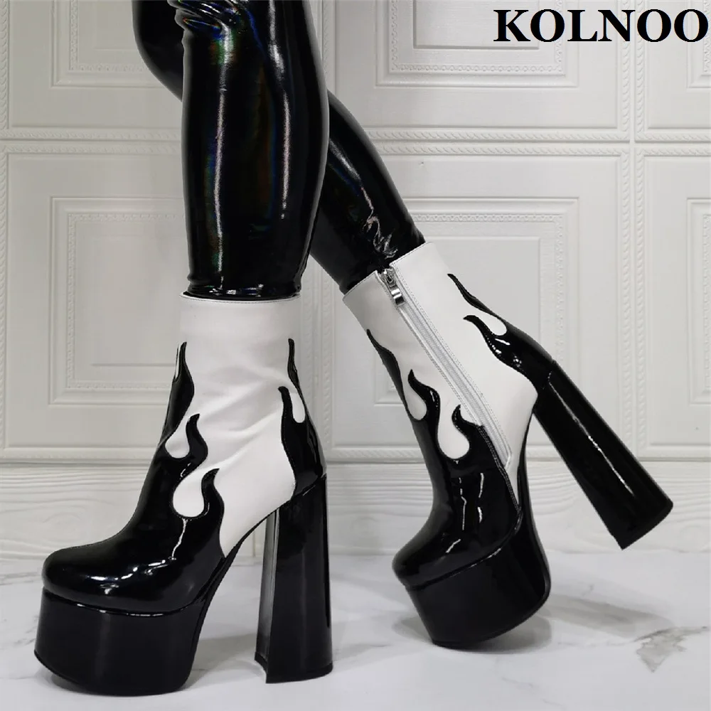 Kolnoo 2022 New Arrival Handmade Women Chunky Heel Boots Twotones Patent Leather Sexy Platfrom Evening Club Fashion Party Shoes