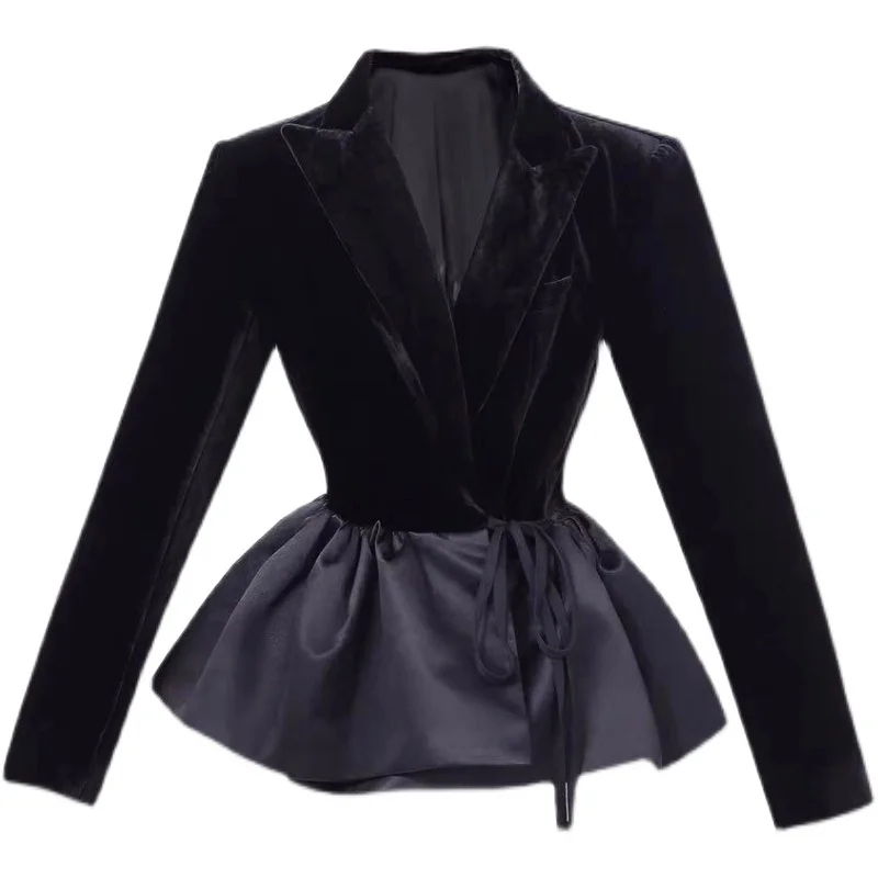 New Fashion Slim Velvet Jacket Coat Women Spring Design Long Sleeve Lace Up Splicing Ruffle Ladies Solid Color Top