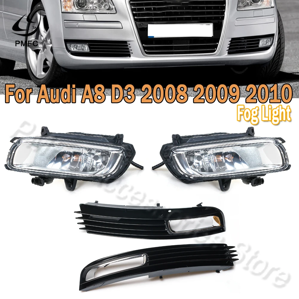 PMFC Front Bumper Grille Cover For Audi A8 QUATTRO A8 D3 2008 2009 2010 4E0941699B 4E0941700B 4PCS Left Right Halogen Fog Lights