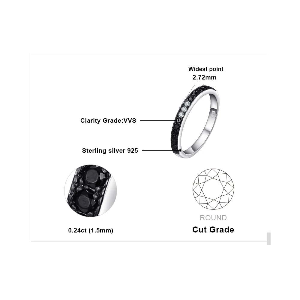 JewelryPalace Natural Black Spinel 925 Sterling Silver Band Wedding Engagement Ring for Women Gift Stackable Jewelry New Arrival