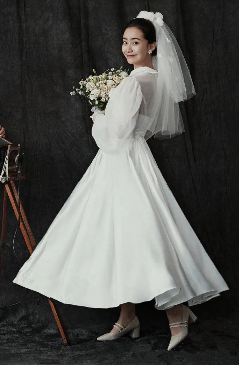 Short A Line Wedding Dresses Long Sleeves Satin Stand Neck Elegant Simple Spring Summer 2021 New Illusion Bride Dress SWD051