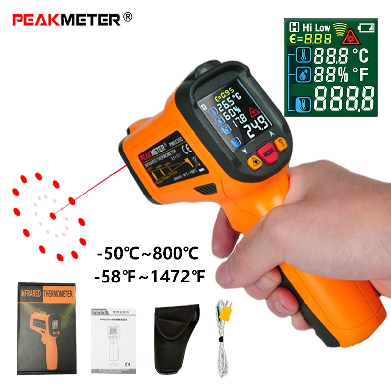 

Лазерный цифровой инфракрасный термометр PEAKMETER PM6519B с ЖК-дисплеем, измеритель температуры с пистолетом, точка-50 ~ 500 градусов, Бесконтактное измерение барбекю