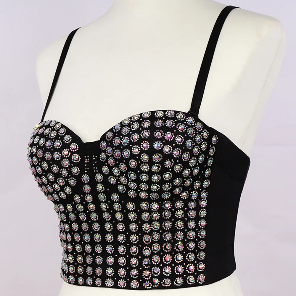 

Cupnaya Rhinestones Sunflower Rivets Women Sexy Crop Top Push Up Bustier Short Camisole Corset Bralette Dance Clubwear Black