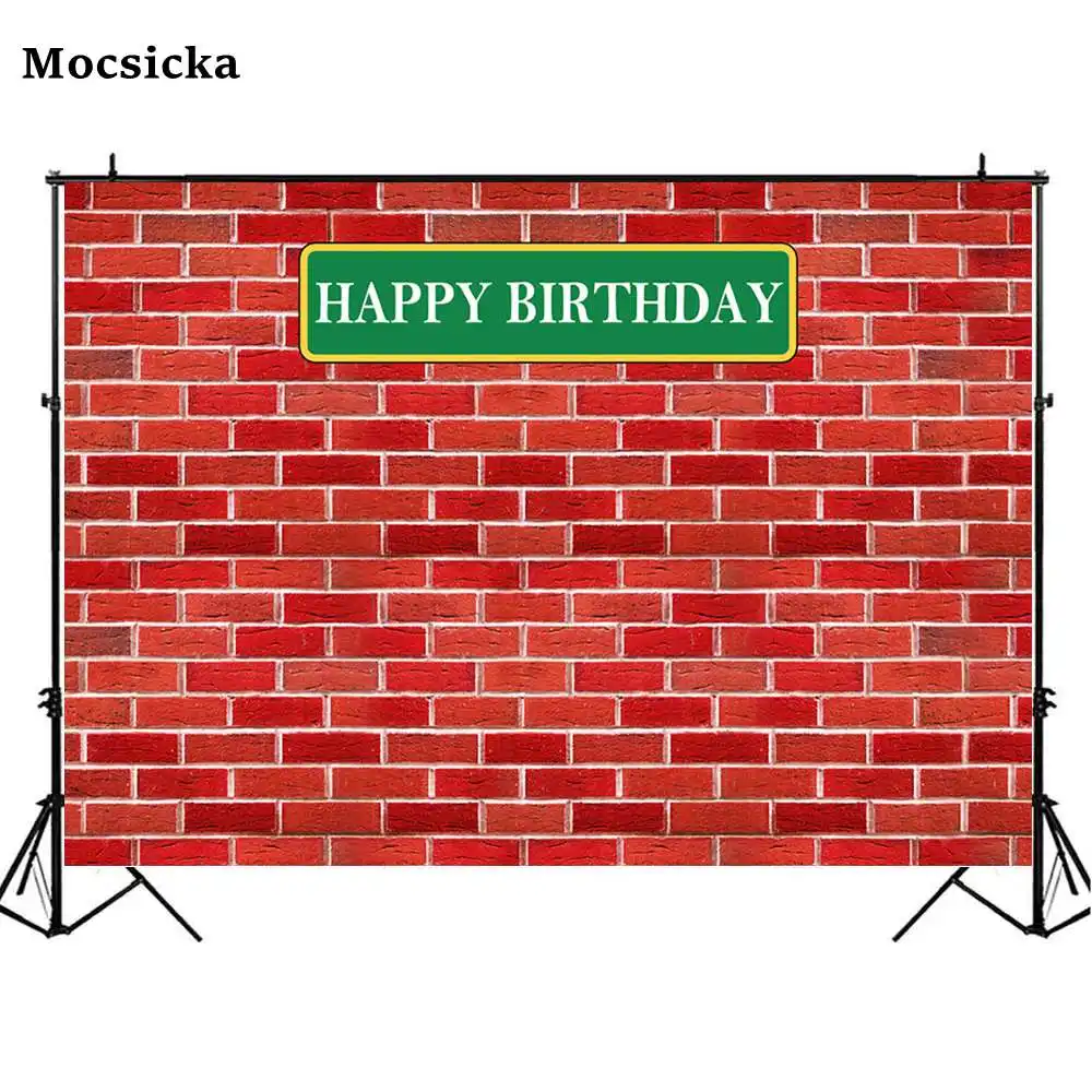 

Mocsicka Red Brick Wall Photography Backdrop Happy Birthday Background Customize Newborn Baby Shower Child Photophone Photocall