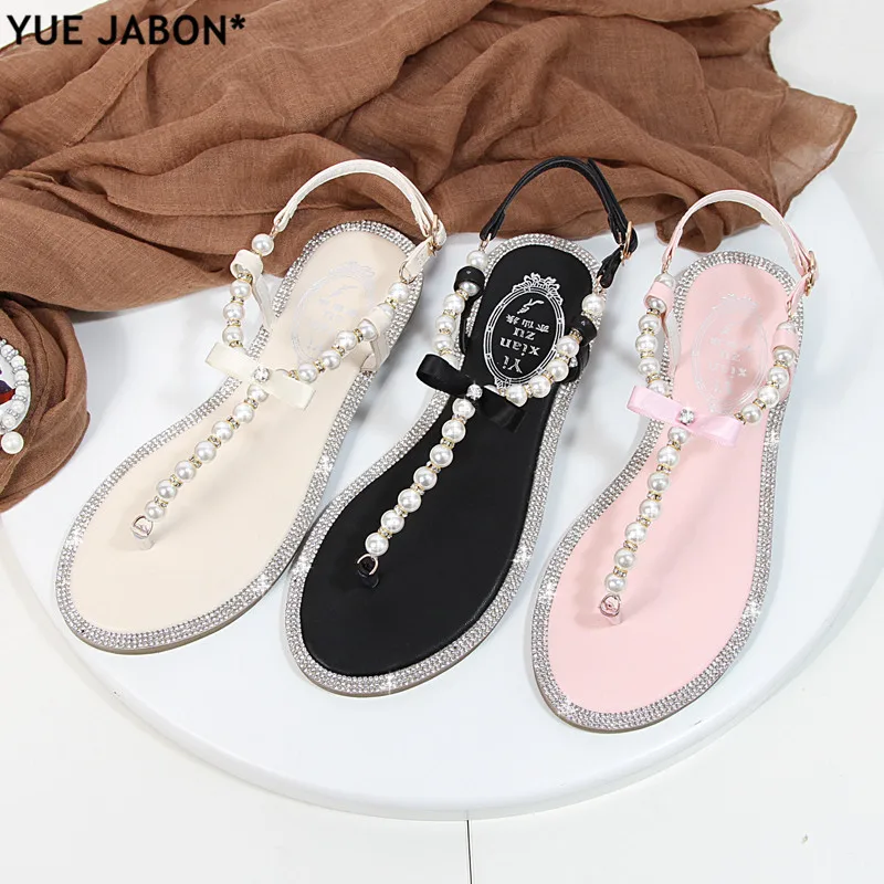 Summer Women Sandals Fashion Sandalias String Bead Flat Heels Buckle Strap Pearl Women\'s Shoes Casual Black Pink Modern Sandals