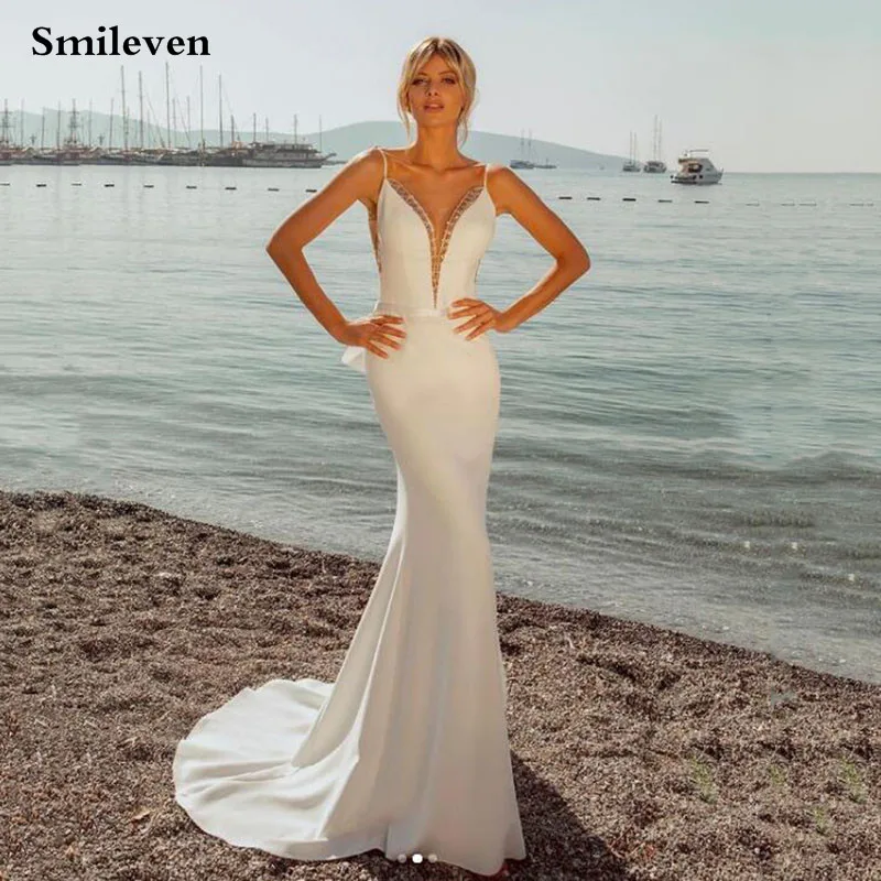 

Smileven Spaghetti Straps Satin Mermaid Wedding Dress Sexy V Neck Beach Bride Dresses Vestido de novia 2021 Boho Wedding Gowns