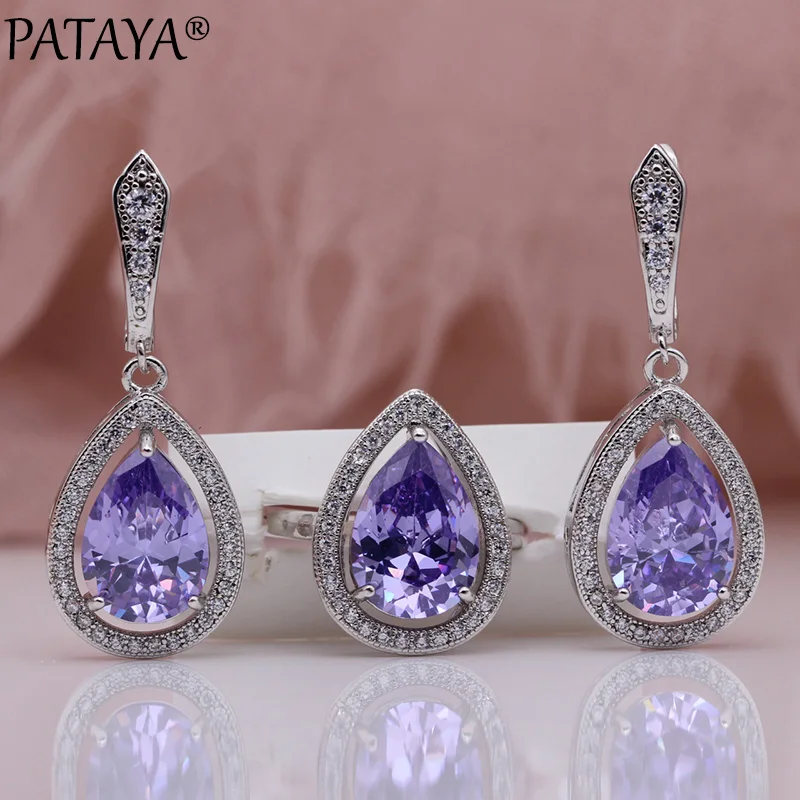 PATAYA New Water Drop Jewelry Set Light Blue Natural Zircon Earrings Ring Sets White Gold Color Women Hollow Wedding Fashion