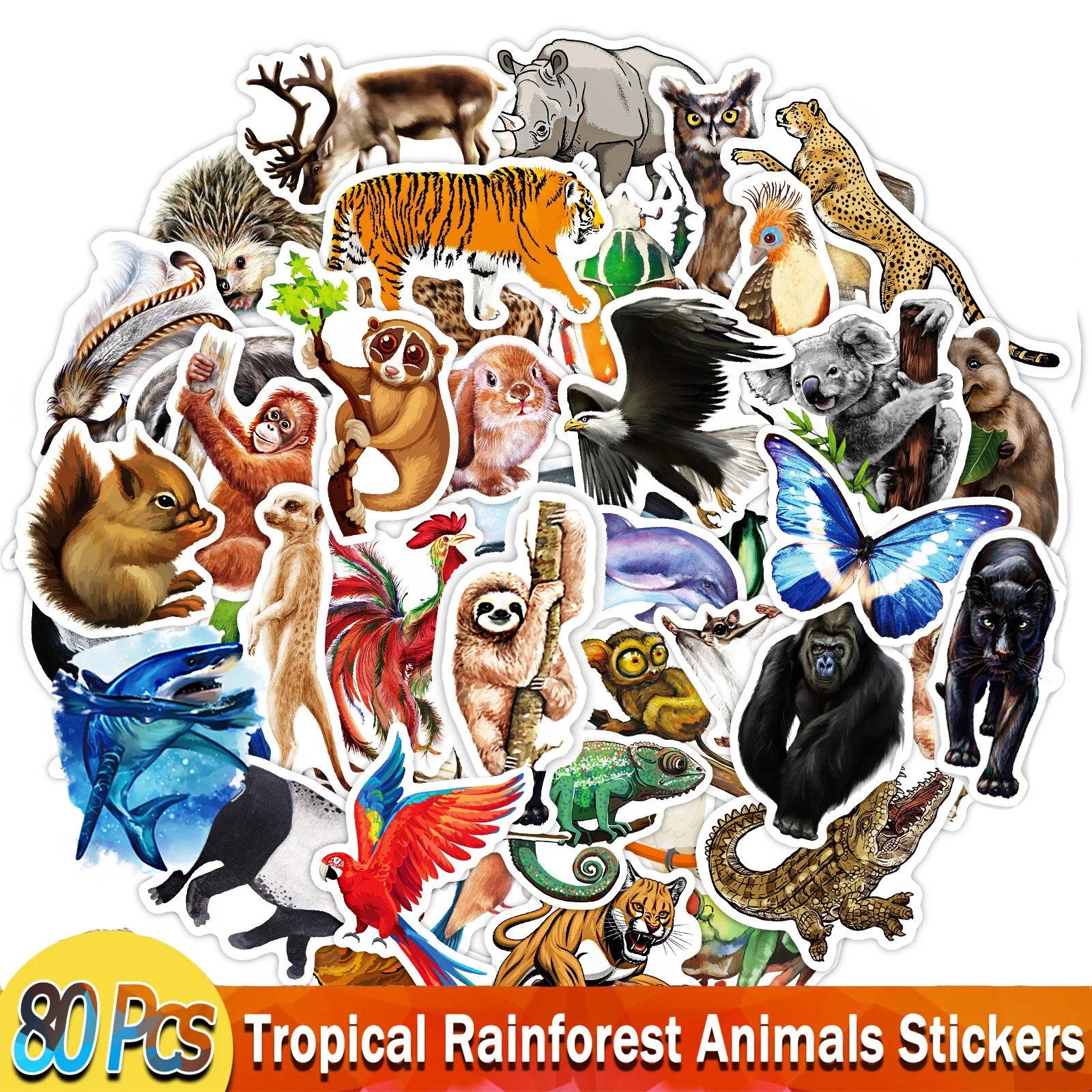 80 Pcs Waterproof Rainforest Animals Stickers for Kids Learning Biology Forest Decals for Laptop Water Bottle Car Guitar Book