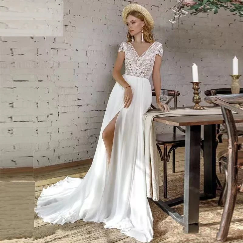 2021 strand Hochzeit Kleider Spitze Chiffon Kurzen Ärmeln Boho Land Brautkleider Mit Seite Split Illusion Vestidos Boda Hochzeit