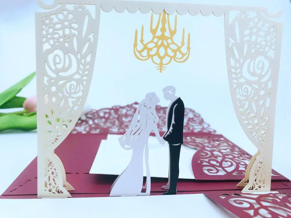 1x 3D POP UP Card Ivory Green Burgundy Black tri 3 Fold Pocket Wedding Invitation Card Dark Skin Laser cut Greeting card Invite