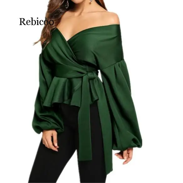 White Office Lady Elegant Lantern Sleeve Belted Peplum Shirts Plus Size Off Shoulder Solid Blouse Sexy Women Tops Chemise