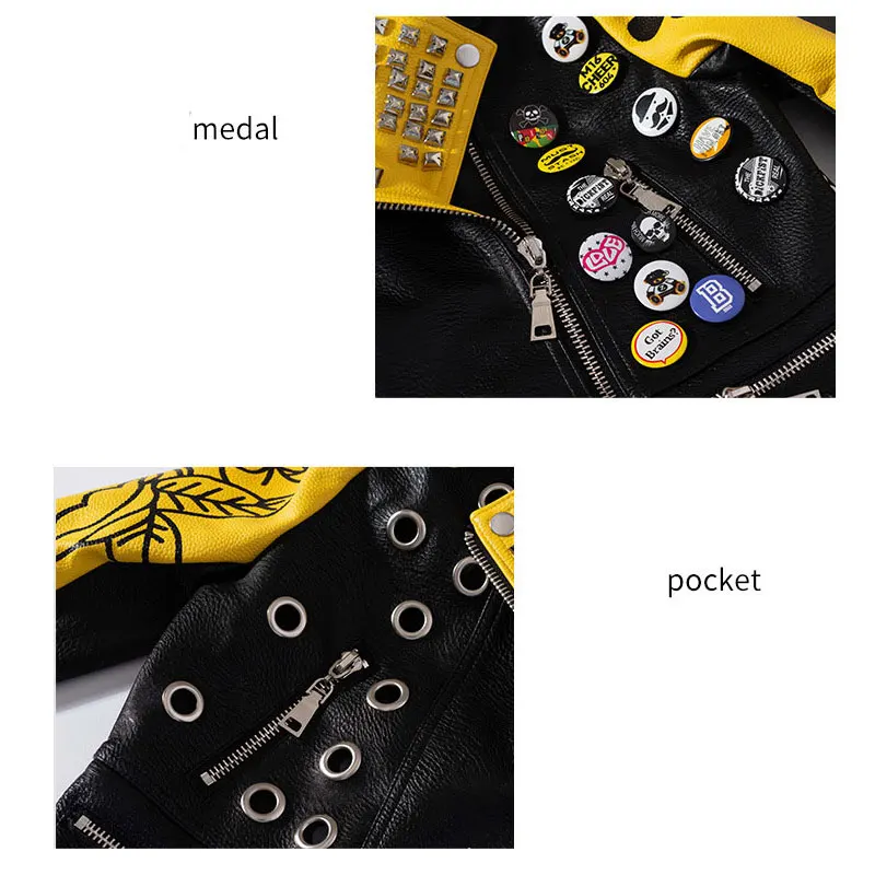 Autumn Rivet Faux Leather Jacket for Women Punk Style Letters Printing Jackets Punk Biker Moto Jacket with Patches