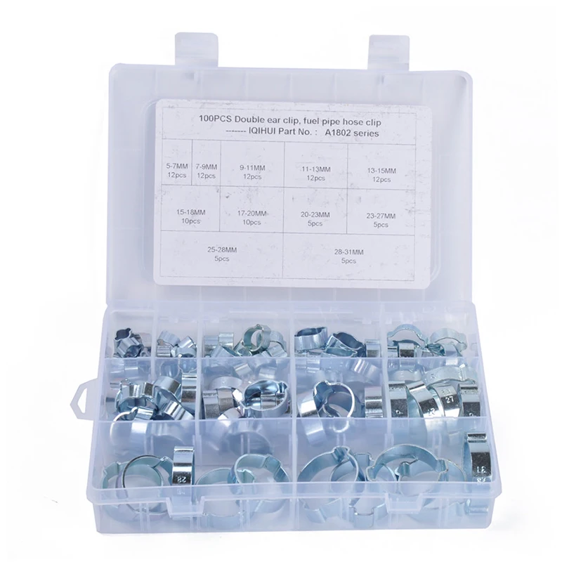 

100pcs Car Double Ear Hose Clips Water Fuel Air Clamps 5-31mm Zinc Plated Assortment Box