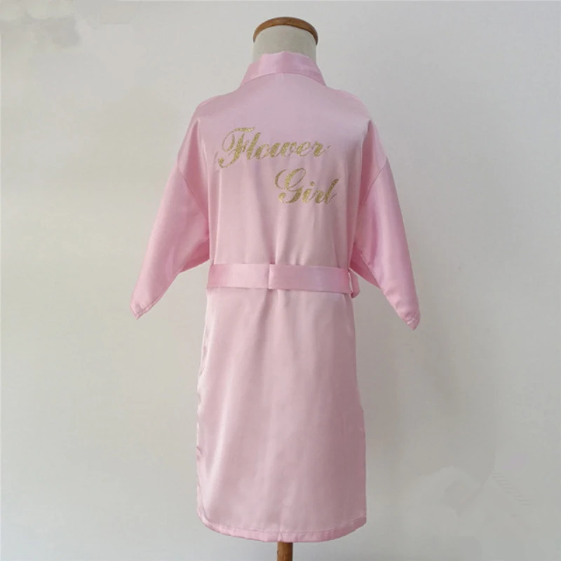 Wholesale Kids Girls Silky Satin Robes for Wedding Bridal Party Wedding Bath Robes Flower Girl Robe with Gold Glitters D4