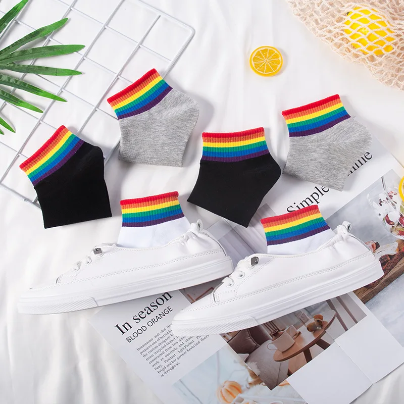 Rainbow Three-color Striped Socks Warm Casual Cotton Socks Korean Women's Socks Socks Women's Socks Round Neck Rainbow Socks