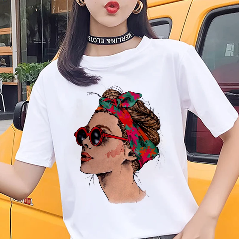 Summer Harajuku Women clothing fashion glasses beauty printing T-shirt casual Streetwear T shirt cozy short-sleeved white Tshirt