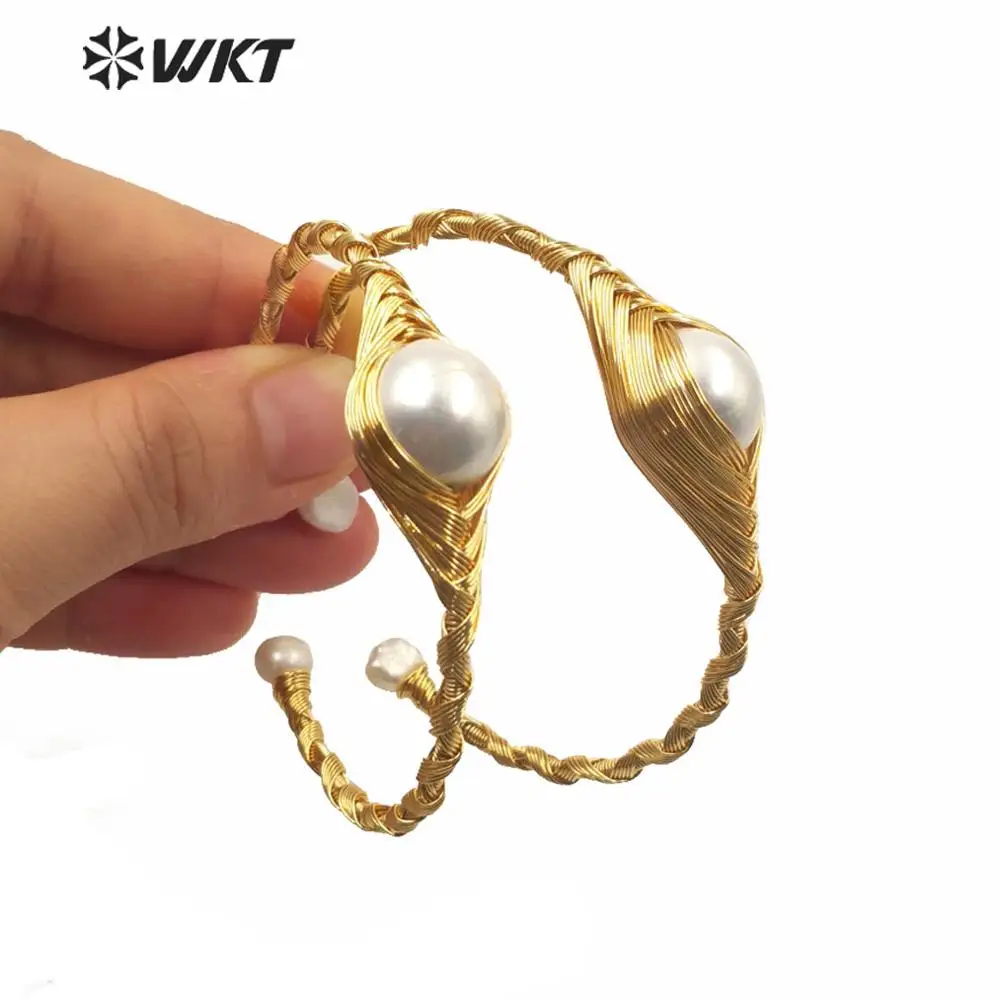 MPB013 Hot-selling White Freshater Pearl Charm Bangle Gold Eletroplated Handmade Wire Wrapped Pearl Bangle Jewelry Gift