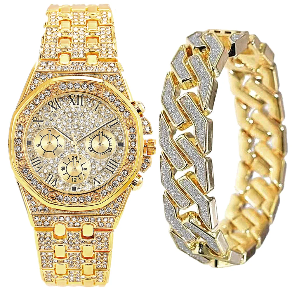 Horloge Met Armband Voor Mannen Cubaanse Ketting Mannen Armband Iced Out Horloge Voor Mannen Luxe Hip Hop Gouden Horloge Mannen set Religio Masculino