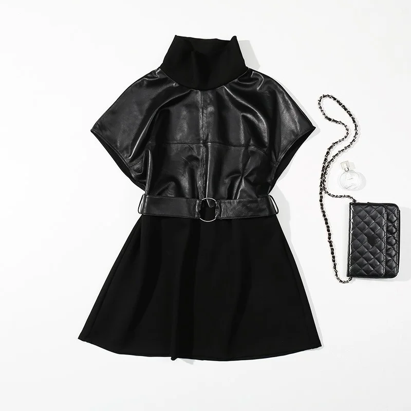 

Arrival New Dress Women Genuine Leather Spliced Women Short Sleeve Belt Vintage Slim Fit Korean Style Women A-Line Dress