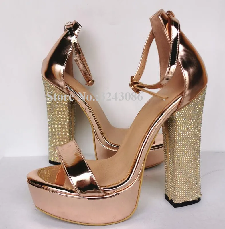 New Rose Gold Platform Chunky Heel Sandals Women Fashion Peep Toe Ankle Strap Crystal Weding Sandals Lady Real Photos Sandals