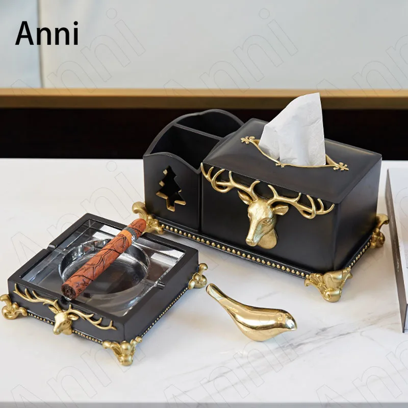 

American Black Gold Resin Tissue Boxes Creativity Relief Elk Embellishment Paper Towel Storage Box Coffee Table Desktop Ashtray