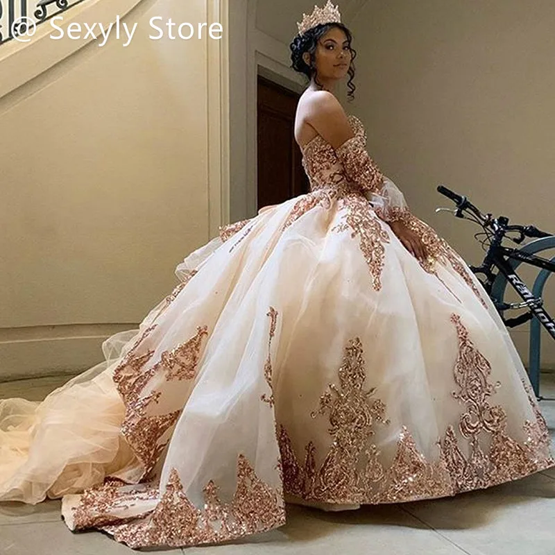 Fotos reales, De oro rosa Vestido De quinceañera, 15 años, apliques De cuentas, dulce Vestido De 16, baile De graduación, fiesta De cumpleaños