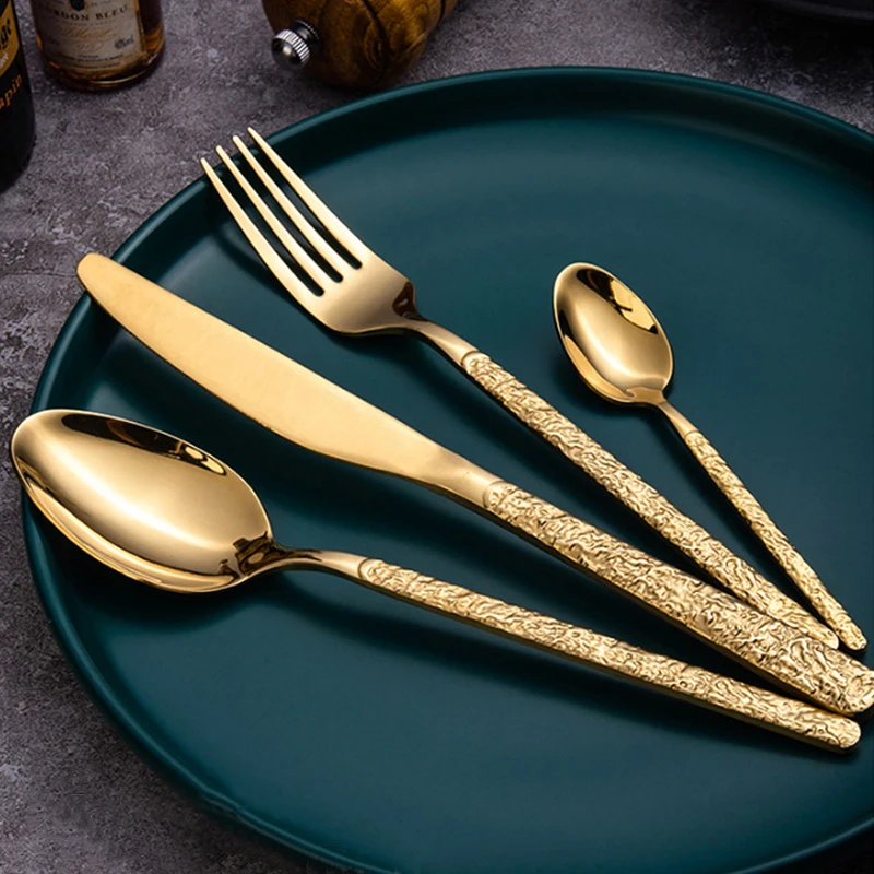 Hammered Golden Cutlery Set ,Stainless Steel Tableware Dinnerware Includes Forks Spoons Knives,Mirror Polished,Dishwasher Safe