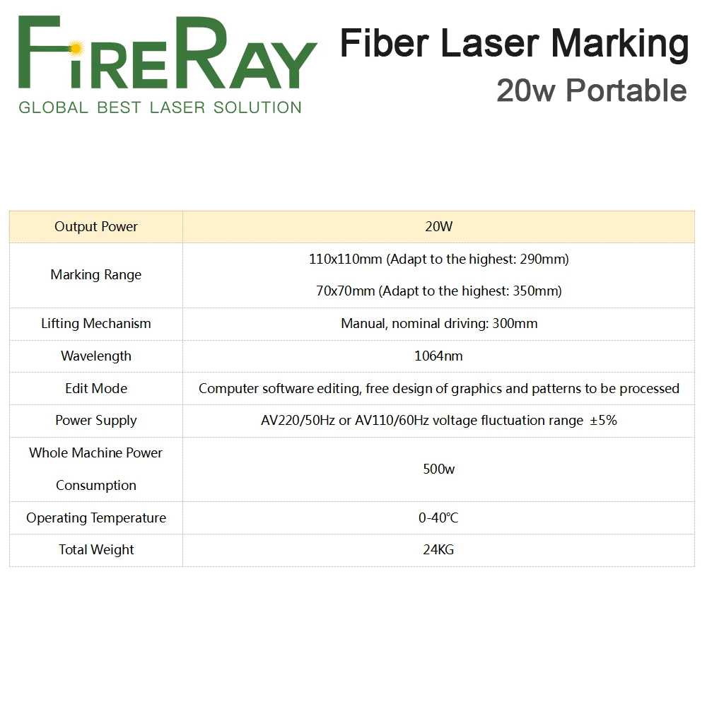 FireRay 1064nm 20W Portable Fiber Laser Marking Machine Marking Range 110x110mm forMetal Stainless Steel