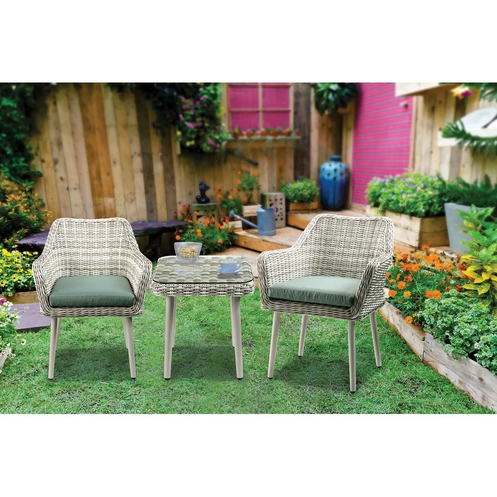 3Pc Outdoor Garden Furniture Tashay Patio Bistro Set in Green Fabric&Beige Wicker 1 Table+2 Chair[US-W]