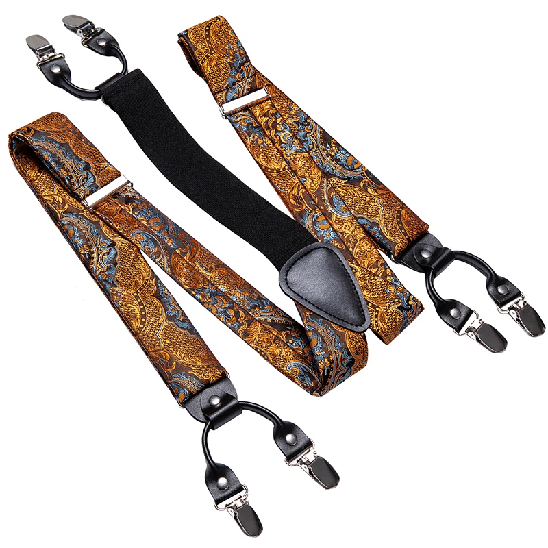 Hi-Tie Silk Adult Men\'s suspenders Set Leather Metal 6 Clips Braces Gold Yellow Floral Vintage Man Fashion Wedding Daily Male