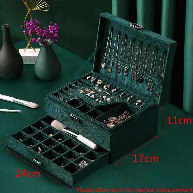 Makeup Holder Cases Flannel Jewellery Box for Women Top Selling 2/3-Layers Green Velvet Jewelry Organizer Box Earring Necklace