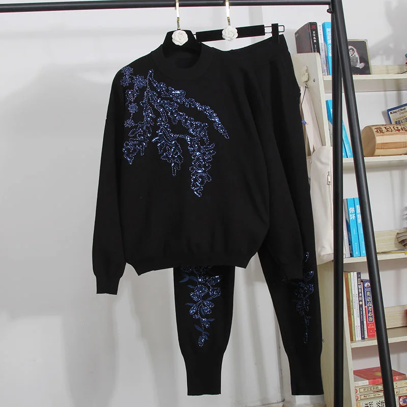 Korean Fashion Sequins Embroidery Knitted Tracksuits Outfits Women Loose Black Long Sleeve Knit Sweater Pencil Pants Set Female