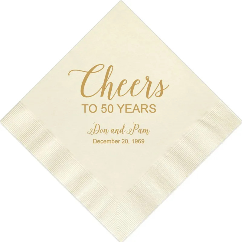 

Personalized Napkins Beverage Luncheon Guest Towel & Dinner Size Avail! 50th Anniversary Golden Cheers to 50 Years Engagement