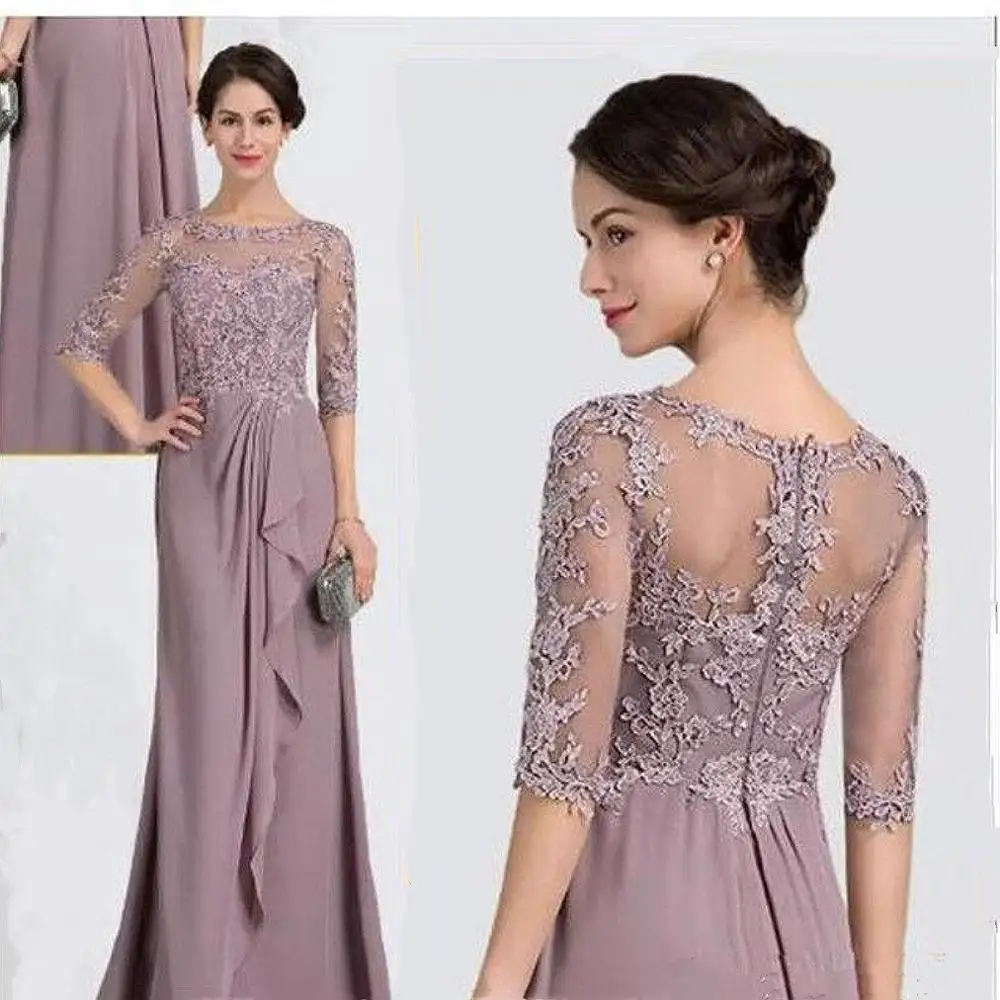 Elegant Lace Mother of the Bride Dress Illusion Half Sleeve Wedding Ceremony Guests Plus Size Chiffon Formal Evening Prom Gowns