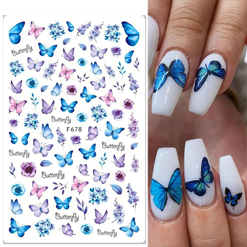 Nail Blue Butterfly Stickers Flores Folhas Auto-adesivas Decalques 3D Transferência Sliders Wraps Manicure Foils DIY Decorações Dicas