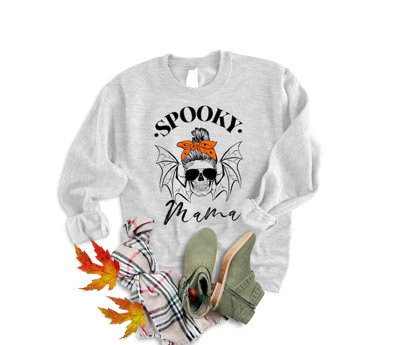 Halloween Sweater, Spooky Mama Sweatshirt, Women's Sweatshirt, Trick Or Treat Fall Comfortable Autumn Loose Cotton Solid Warm