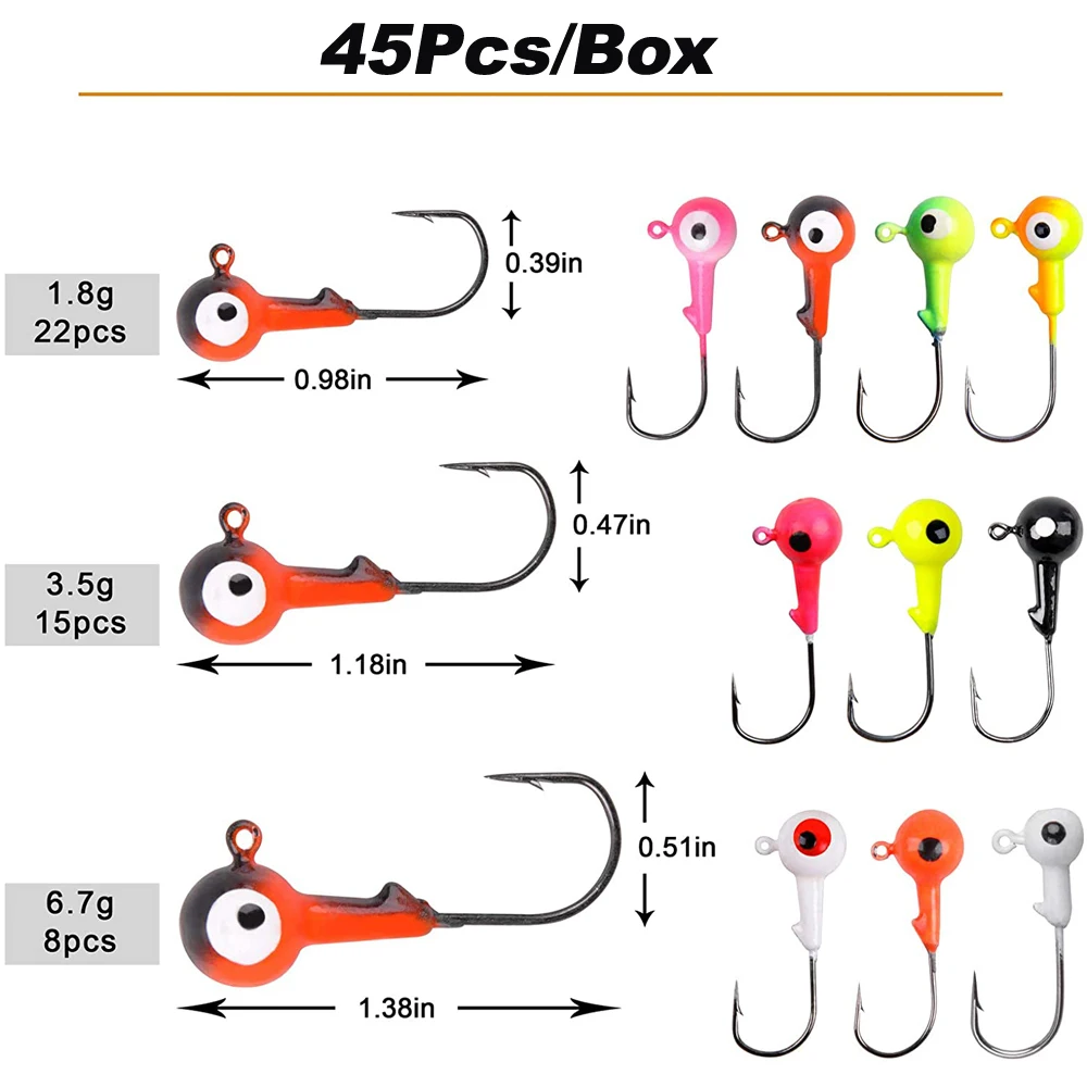 Pesca Jig Cabeça Gancho Set, Manivela chumbo, gancho farpado, Soft Worm Isca, Equipamento de pesca Acessórios, 65Pcs, 45Pcs