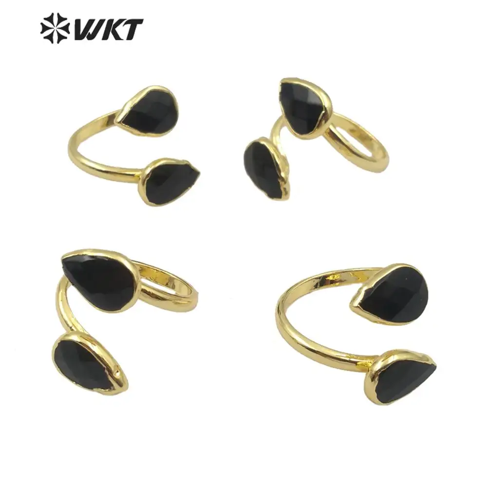 WT-R348 Natural Stone Ring Drop Shape Black Agate Unique Design With Gold Electroplated Woman Fashion Jewelry Resist Tarnishable