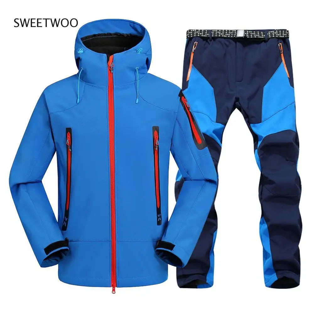 Unisex Waterproof Hiking Suits Softshell Fleece Jackets and Pants Outdoor Trekking Camp Coat Set Pants Climb Skiing Trousers