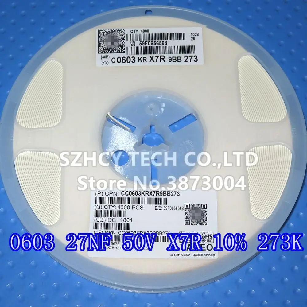 

4000Pcs 0603 27NF 50V X7R 10% 0603 273K CC0603KRX7R9BB273 New and origianl